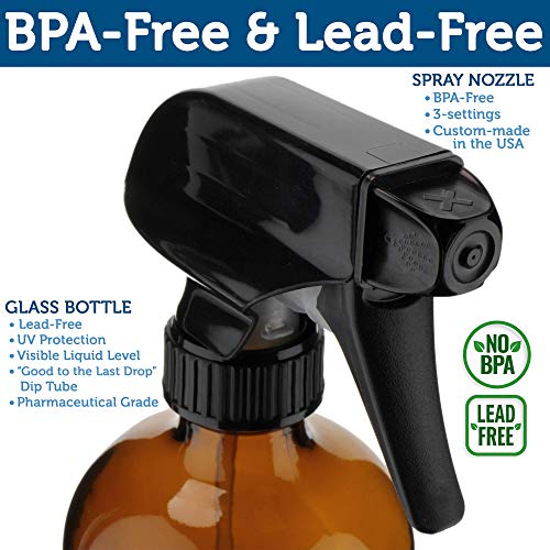 Empty Amber Glass Spray Bottles - 2 Pack - Each Large 16oz Refillable Bottle is Great for Essential Oils, Plants, Cleaning Solutions, Hair Mister - Durable Nozzle w/ Fine Mist and Stream Setting