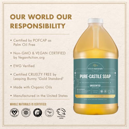 EWG Verified & Certified Palm Oil Free, Castile Liquid Soap - 64 oz. - Unscented, with Carrier Organic Oils