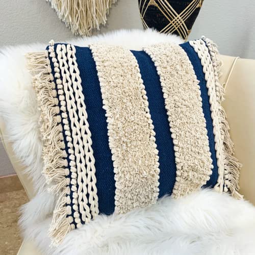 Decorative Pillows, Boho Throw Pillow Covers 18x18 Inch Moroccan Rustic Neutral Handwoven Tufted Accents Pillows for Bedroom, Sofa, Chair, Living Room, Home Decor (Beige/Blue)