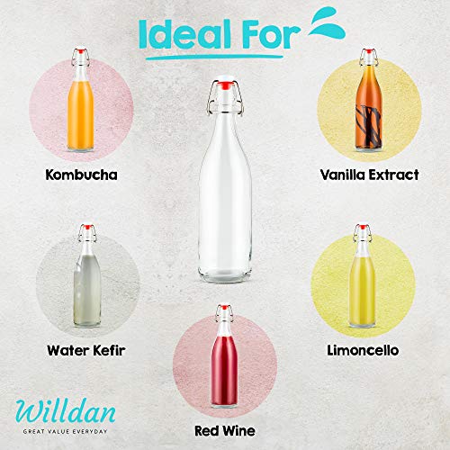 WILLDAN Giara Glass Bottle with Stopper Caps, Set of 6-33.75 Oz Swing Top Glass Bottles for Beverages, Oils, Kombucha, Kefir, Vinegar, Leak Proof Lids