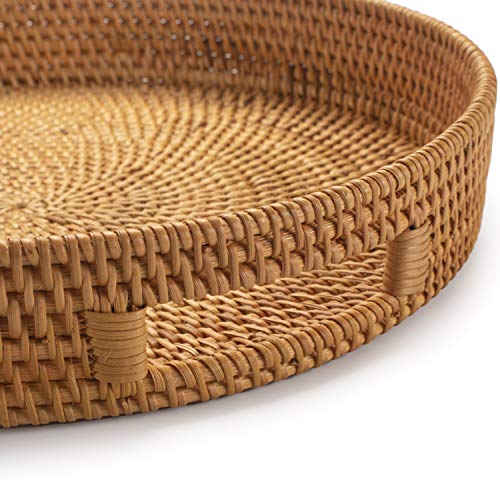DECRAFTS Coffee Table Tray Round Rattan Ottoman Tray Woven Serving Trays with Handles for Home and Kitchen Decorative Natural (Large 14 inch x 2.8 inch)