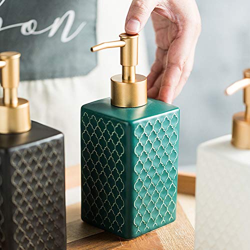 Ceramics Gold Soap Dispenser for Kitchen, Refillable Soap Pump Dispenser for Shower Square Hand Soap Dispenser for Bathroom with Gold Pump, 11.3 OZ (Black)