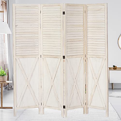 4 Panel Rustic Wood Room Divider, 5.8 Ft Tall Farmhouse, Freestanding Partition, Room Separator, Rustic Barnwood (White)