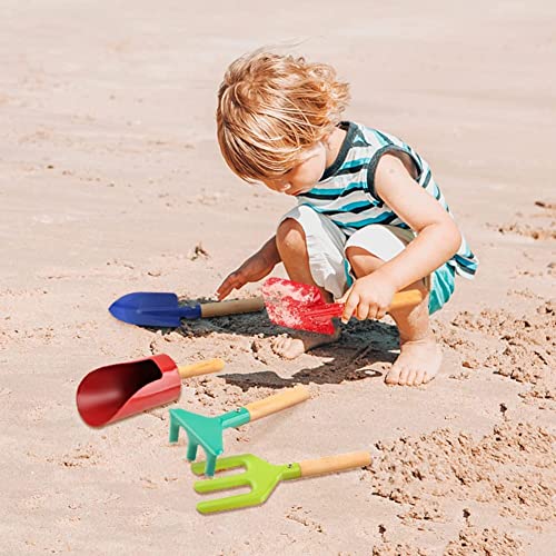 PLACHIDAY Beach Toys for Kids, 4 Pcs 8'' Sand Toys Set Metal Kids Gardening Tools with Sturdy Wooden Handle, Gardening Equipment Fork, Rake, Flat Shovel & Pointed Shovel