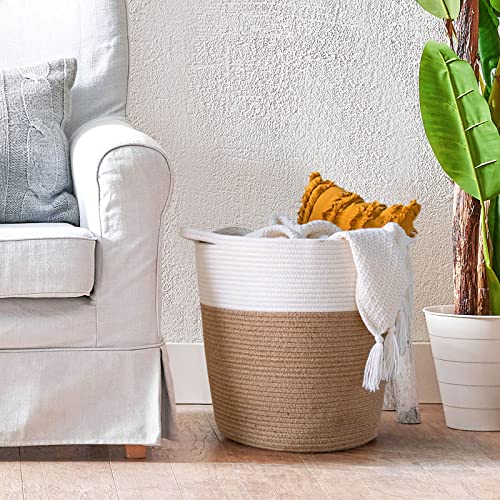 Goodpick Cotton Rope Storage Basket, Woven Round Basket with Handles for Toys, Blanket, Shoes, Large Jute Wicker Plant Basket for Living Room, Entryway, 16.0 x15.0 x12.6 inches