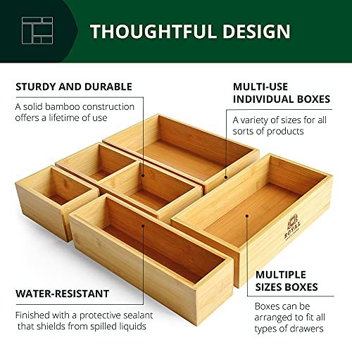 Luxury Bamboo Drawer Organizer Storage Box, Bin Set - Multi-Use Drawer Organizer for Kitchen, Bathroom, Office Desk, Makeup, Jewelry (5 Boxes)