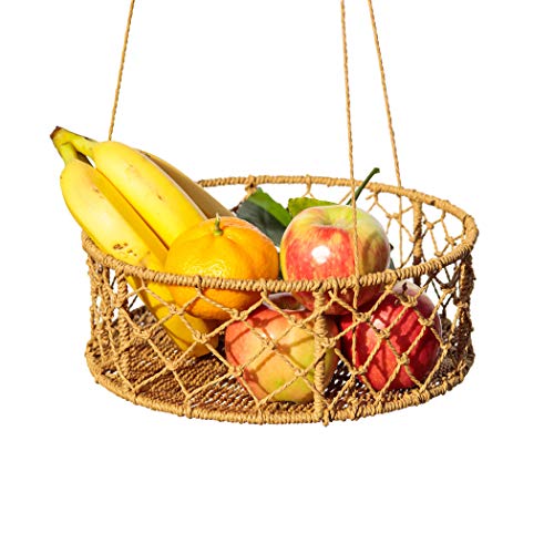 Kitchen Science Hanging Fruit Baskets for Kitchen, 3-Tier Woven Wicker Seagrass Baskets | 100% Natural, Robust Wood Frame & Braided Jute Rope, Handwoven 3 Tier Fruit Baskets