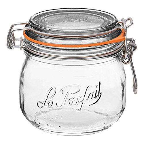 Le Parfait Super Jar - 500ml French Glass Canning Jar w/Round Body, Airtight Rubber Seal & Glass Lid, 16oz/Pint (Single Jar) Stainless Wire