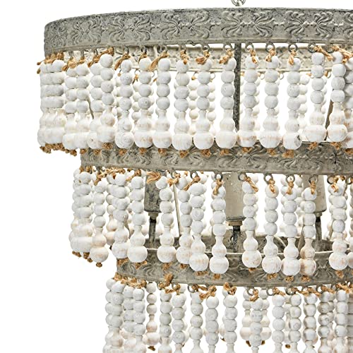 Creative Co-Op Metal & Wood Beaded Chandelier, 20.5" Round by 20" Height, Off- White