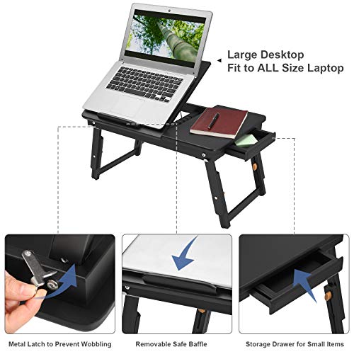 Posture Improving Laptop Desk for Bed Sofa with Adjustable Tilting Top, 100% Bamboo Black
