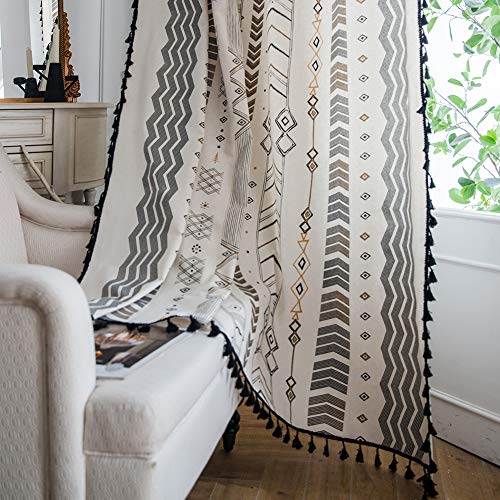ColorBird Geometric Semi-Blackout Window Curtains 2 Panels Tribal Style Cotton Linen Darkening Curtains with Black Bordered Tassel Rod Pocket Window Drapes for Living Bedroom, 59W x 84L Inch, 1 Pair