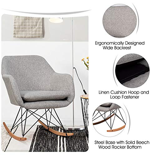 Giantex Accent Rocking Chair with Cushion, Upholstered Rocking Arm Chair w/Solid Steel Wood Leg, Modern Rocker Chair for Balcony, Bedroom (1, Grey)