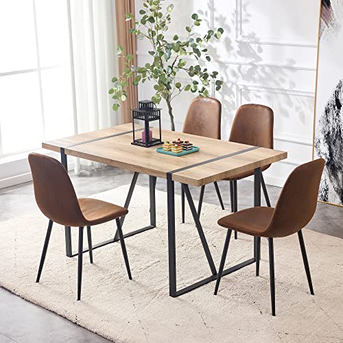 gopop 5 Piece Dining Table Set, Modern Dining Chairs Set of 4, Mid Century Wooden Kitchen Table Set, Metal Base & Legs, Dining Room Table and Leather Chairs (Brown)