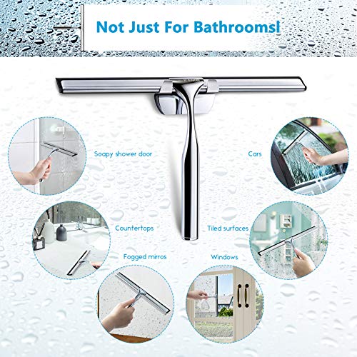 Love-KANKEI Shower Squeegee Stainless Steel Shower Wiper Shower Scraper with Replacement Rubber Blade and Hanging Hooks for Bathroom, Window, Car