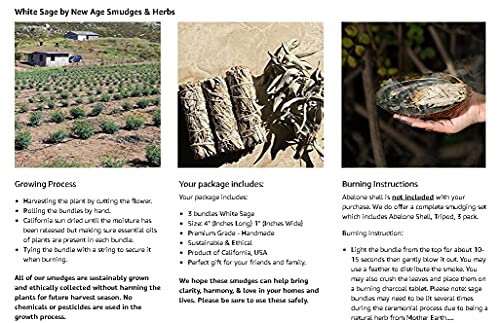 ( Pack of 3)-New Age Smudges & Herbs - Premium Organic California White Sage 4 Inches Long. Use for Home Cleansing, and Fragrance, Meditation, Smudging Rituals. Grown Organically on private family farms and packaged in the USA.