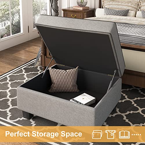 HONBAY Storage Ottoman with Hydraulic Rod, Linen Fabric Storage Bench, Rectangle Footstool Ottoman with Storage, Grey