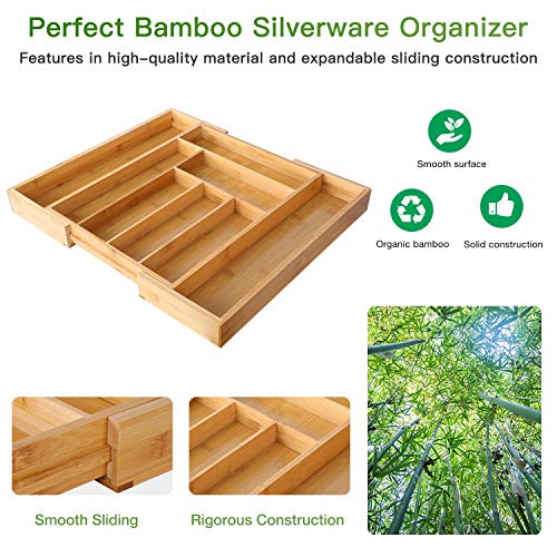 Bamboo Expandable Drawer Organizer for Utensils Holder, Adjustable Cutlery Tray, Wood Drawer Dividers