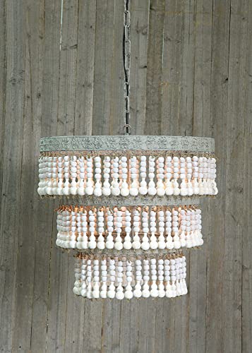 Creative Co-Op Metal & Wood Beaded Chandelier, 20.5" Round by 20" Height, Off- White