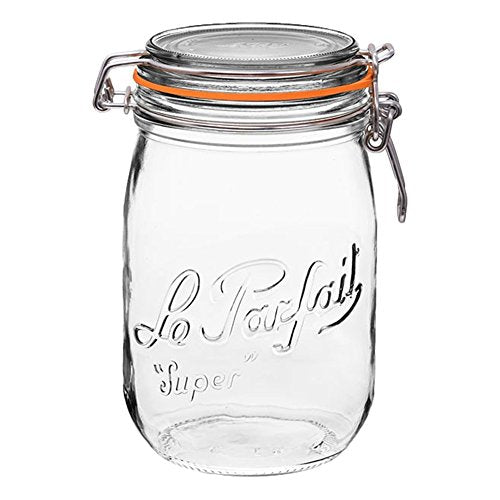 Le Parfait Super Jar - 1L French Glass Canning Jar w/Round Body, Airtight Rubber Seal & Glass Lid, 32oz/Quart (Single Jar) Stainless Wire