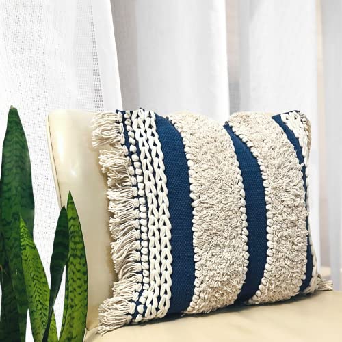 Decorative Pillows, Boho Throw Pillow Covers 18x18 Inch Moroccan Rustic Neutral Handwoven Tufted Accents Pillows for Bedroom, Sofa, Chair, Living Room, Home Decor (Beige/Blue)
