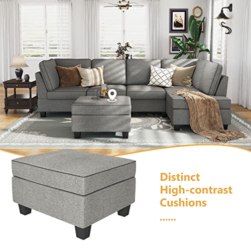 HONBAY Storage Ottoman with Hydraulic Rod, Linen Fabric Storage Bench, Rectangle Footstool Ottoman with Storage, Grey
