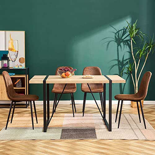 gopop 5 Piece Dining Table Set, Modern Dining Chairs Set of 4, Mid Century Wooden Kitchen Table Set, Metal Base & Legs, Dining Room Table and Leather Chairs (Brown)