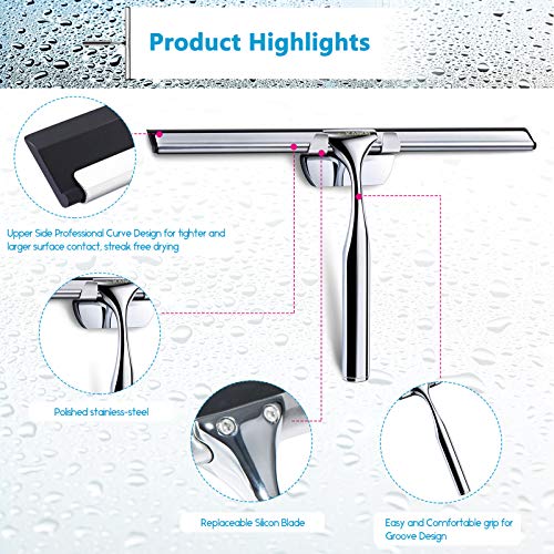 Stainless Steel Shower Squeegee for Shower Doors with Hooks