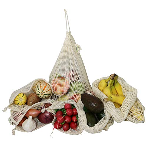 Simple Ecology Reusable Produce Shopping and Storage Bags, Drawstring, Washable Organic Cotton Mesh, Set of 6 with 2 ea. L, M, S
