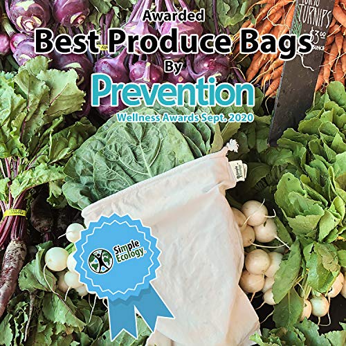 Simple Ecology Muslin Reusable Produce Shopping and Storage Bags, Organic Cotton, Drawstring, Washable, Tare Weight Tag; Set of 6 with 2 ea. L, M, S