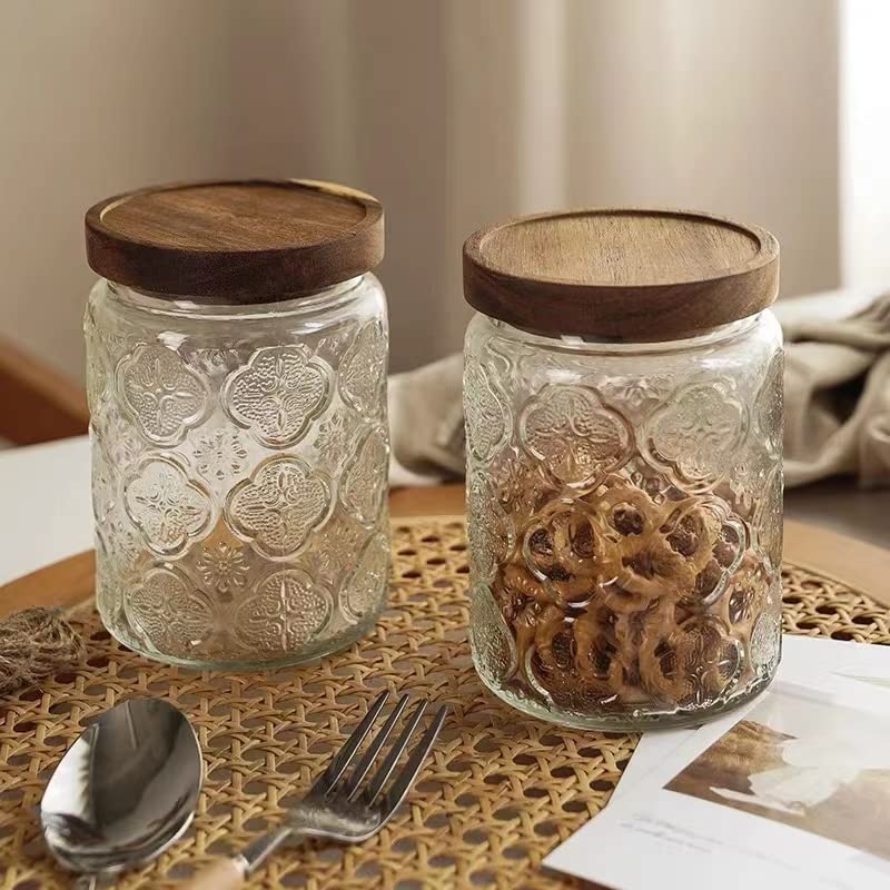 Vintage Glass Jars with Acacia Lids, 24oz Glass Canisters with Airtight Lids, Kitchen Glass Food Storage Containers for Cookie, Candy, Sugar, Coffee