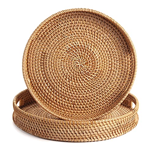 DECRAFTS Coffee Table Tray Round Rattan Ottoman Tray Woven Serving Trays with Handles for Home and Kitchen Decorative Natural (Large 14 inch x 2.8 inch)