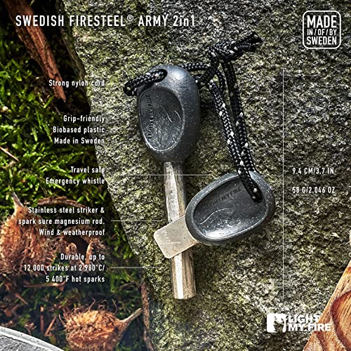 Light my Fire Army - Flint and Steel fire Starter kit - 3/8" Ferro Rod - Lasts 12 000 Strikes - Emergency Whistle Included - Made in Sweden with biobased Plastics - Swedish firesteel