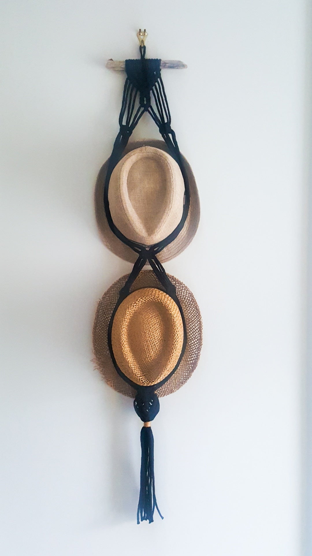 Handmade boho macrame double hat hanger, zero waste | hat holder | farmhouse hat hanger | eco friendly, recycled cotton | jute | white