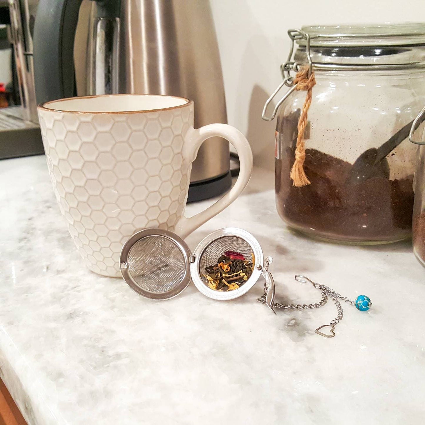 WANDERLUST Stainless Steel Mesh Tea Ball Tea Infuser Strainers Tea Strainer | with real Ocean Jasper stone handmade pendant | traveler gift
